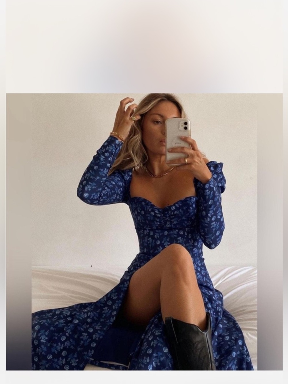 House of CB Navy Blue Floral Long-Sleeve Sweetheart Dress